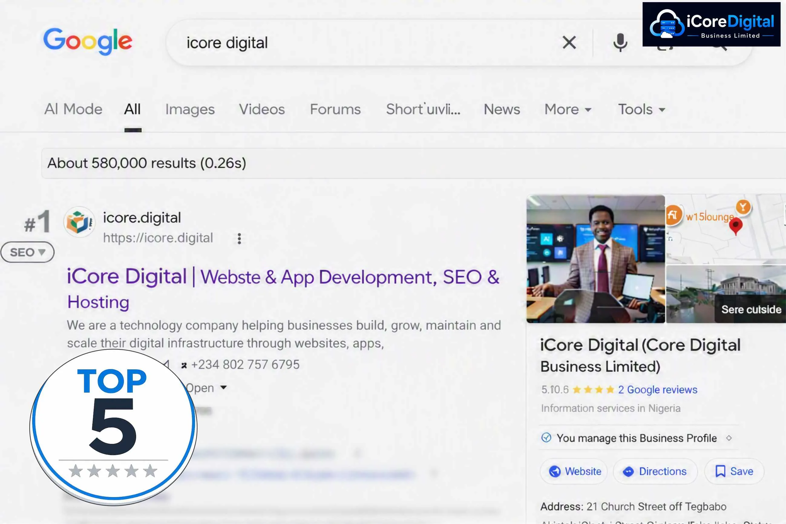 iCore Digital ranking first on Google for its brand keyword