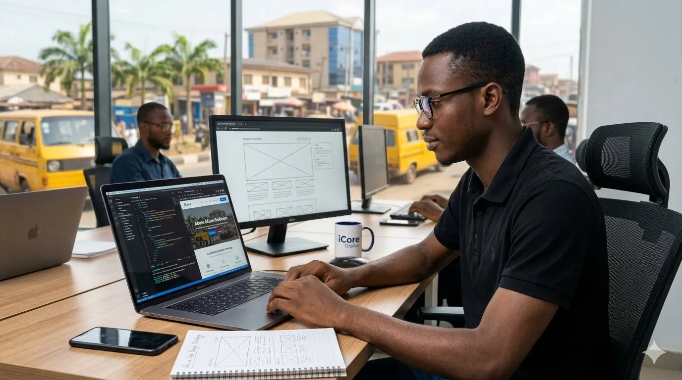 Web developer working on a laptop in Akure